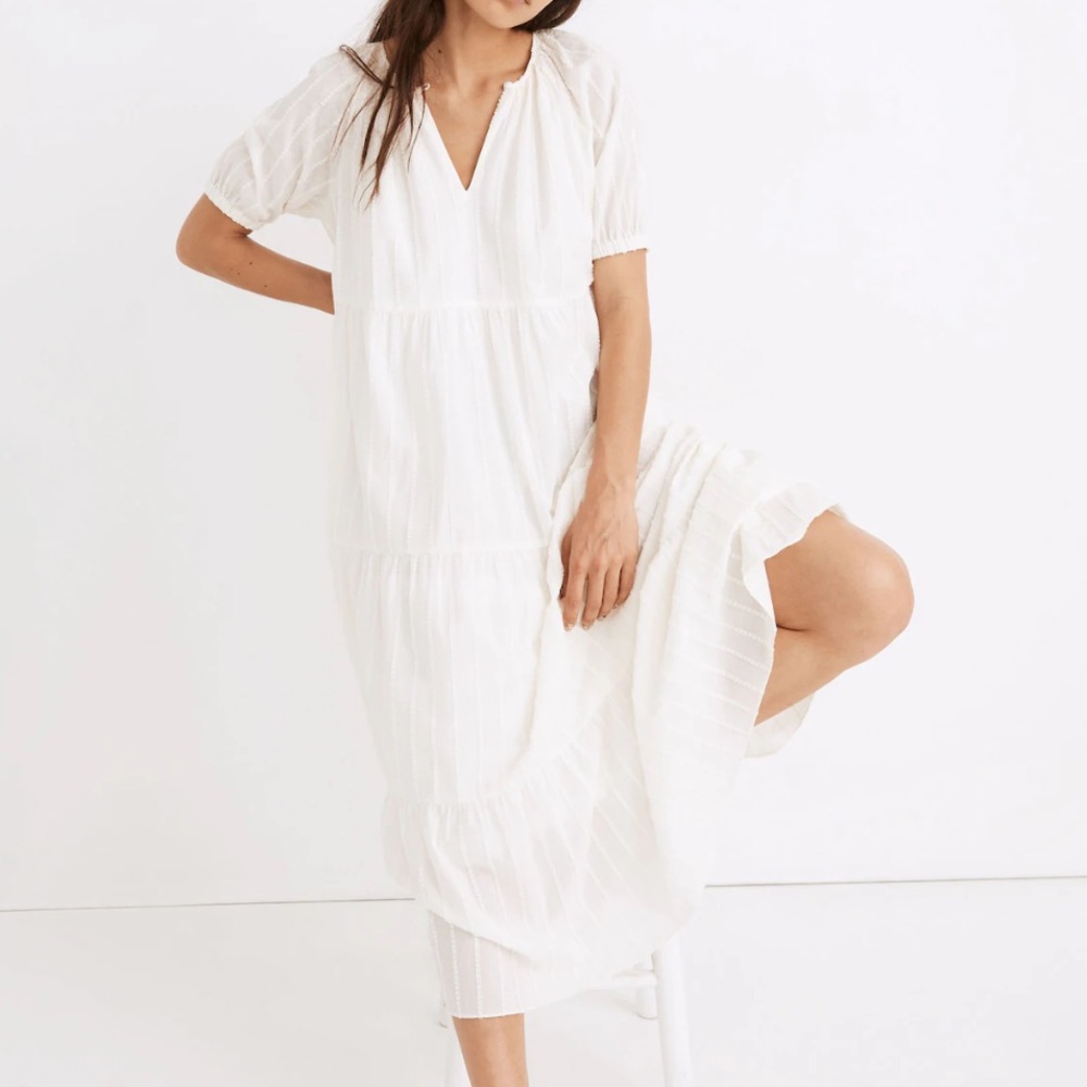 Madewell Bubble-Sleeve Tiered Midi Dress in Textural Stripe